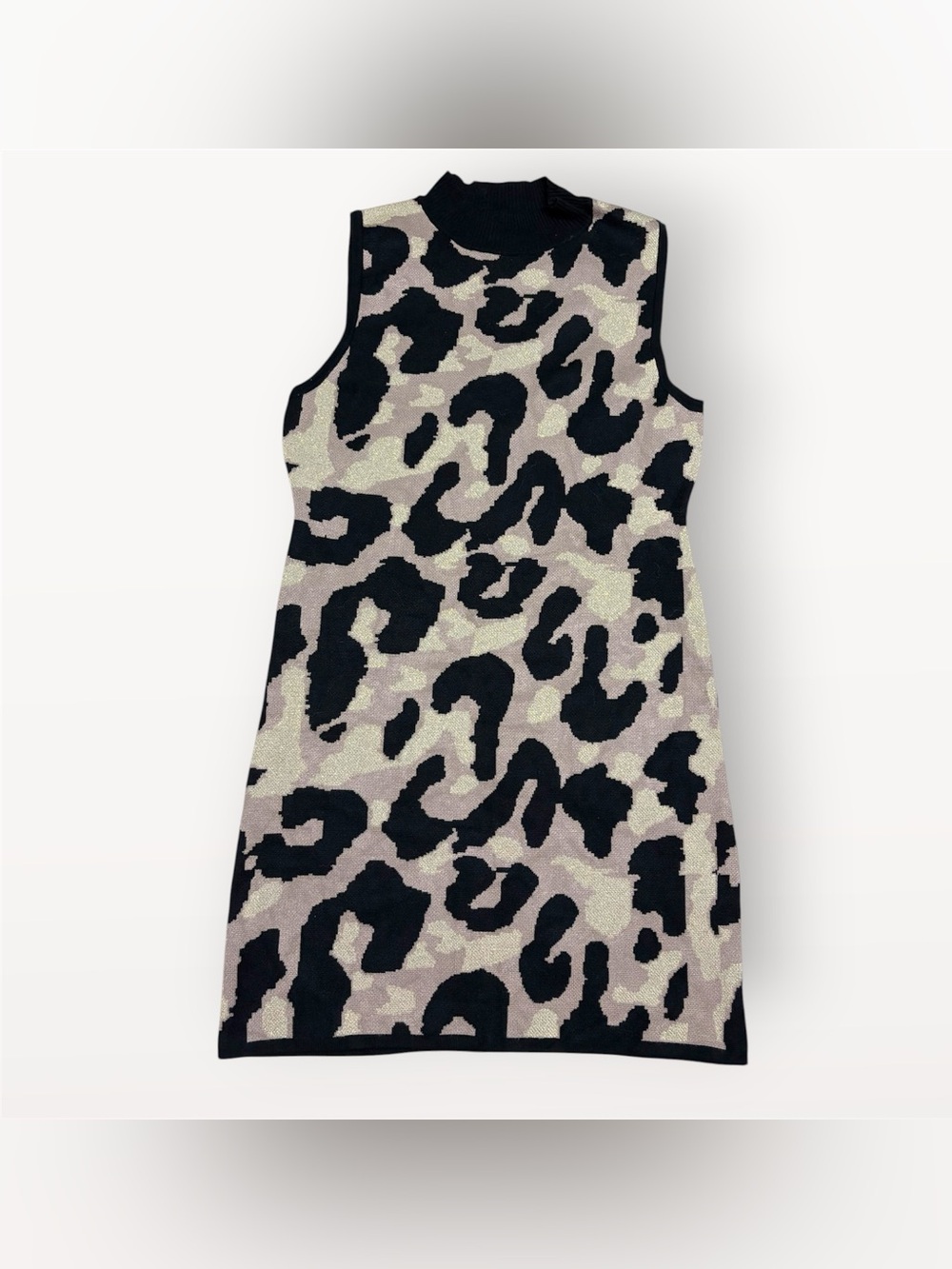 Planet Gold Glitter Leopard Print Sweater Dress Mock Neck Sleeveless Mini